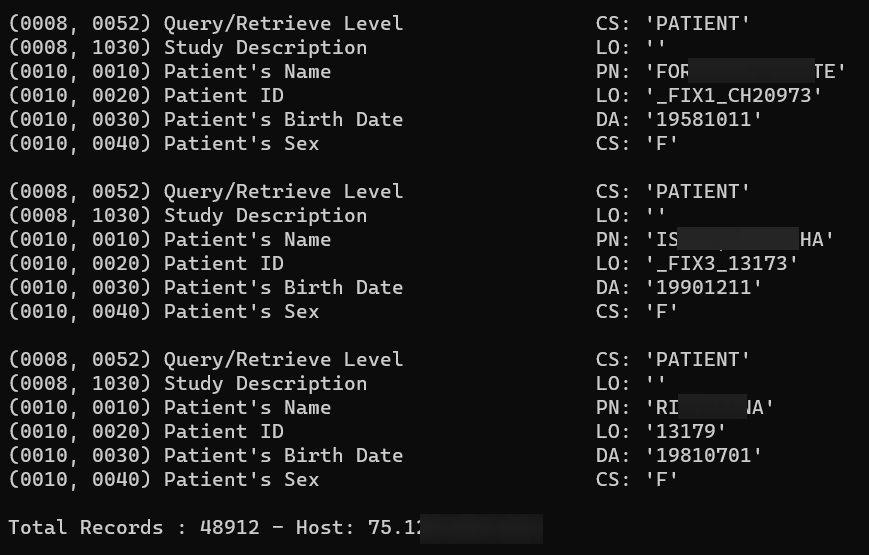 Figure 2: Example records of one of the misconfigured DICOM Server
