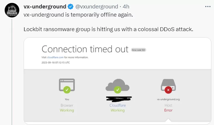 vx-underground's tweet about LockBit's DDoS. 