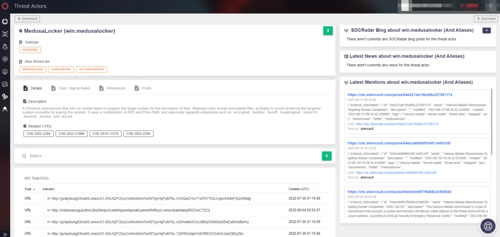 Fig. 9. To access IoCs about Medusa ransomware, also known as MedusaLocker, you can visit the Threat Actor/Malware page under the SOCRadar CTI module (Source: SOCRadar)