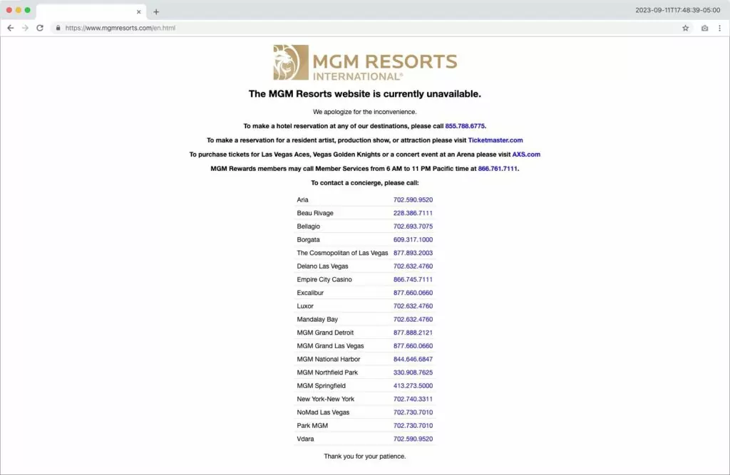 MGM Resorts website upon the cyberattack. (Source: X) 