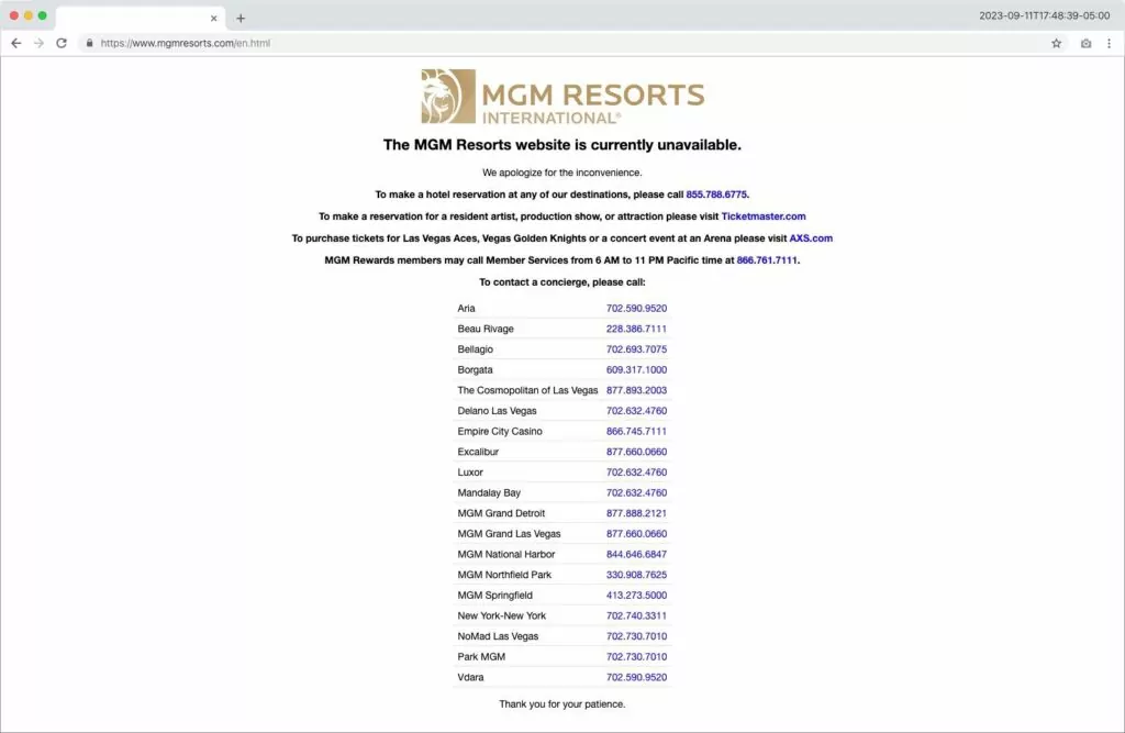 MGM Resorts website upon the cyberattack. (Source: X)