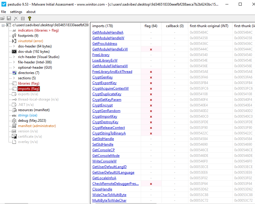 Fig. 7. Some of the APIs that NoEscape Ransomware has imported and used during its process (Output has taken using pestudio)