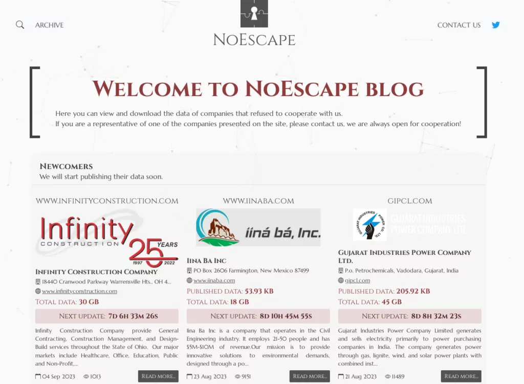 Fig. 10. Main page of NoEscape’s TOR site