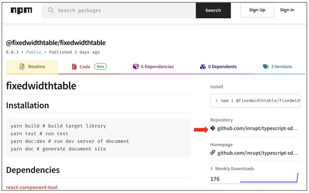 Pacote npm malicioso:fixwidthtable (Fonte: Sonatype)