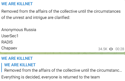 Figure 2. KillNet’s Telegram channel, Radis is one of the mentioned members. Hacktivist threat actors continue to have problems among themselves. (Russian to English, Auto Translate), TaaS (Threat as a Service)