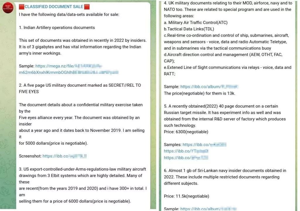 The second sale purpose post on the ‘Classified Document Sale’ Telegram Channel