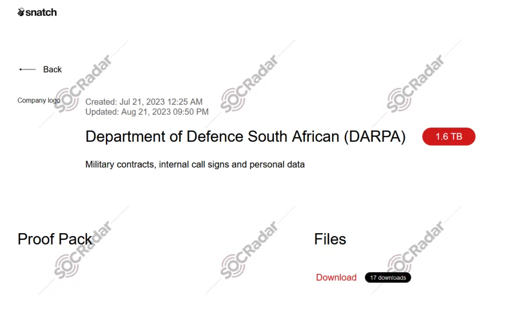 Victim of Snatch: South African Department of Defence