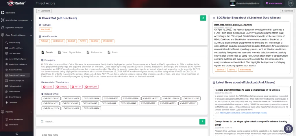 BlackCat on SOCRadar Platform’s Threat Actor/Malware tab