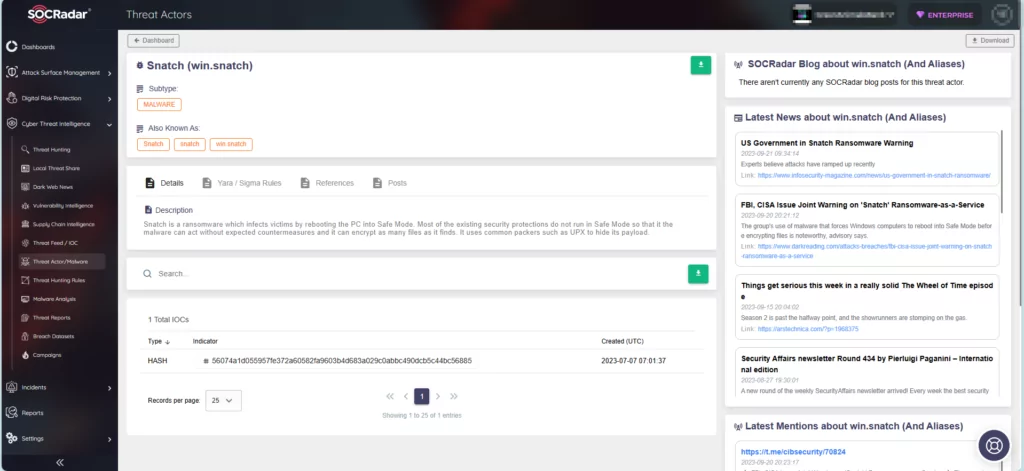 Snatch Ransomware on SOCRadar Threat Actor/Malware page