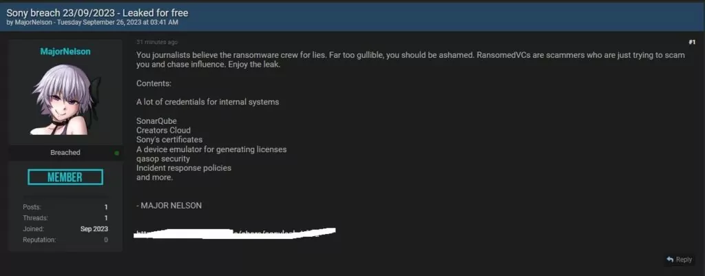 Threat actor leaks Sony breach data for free (Source: X) 