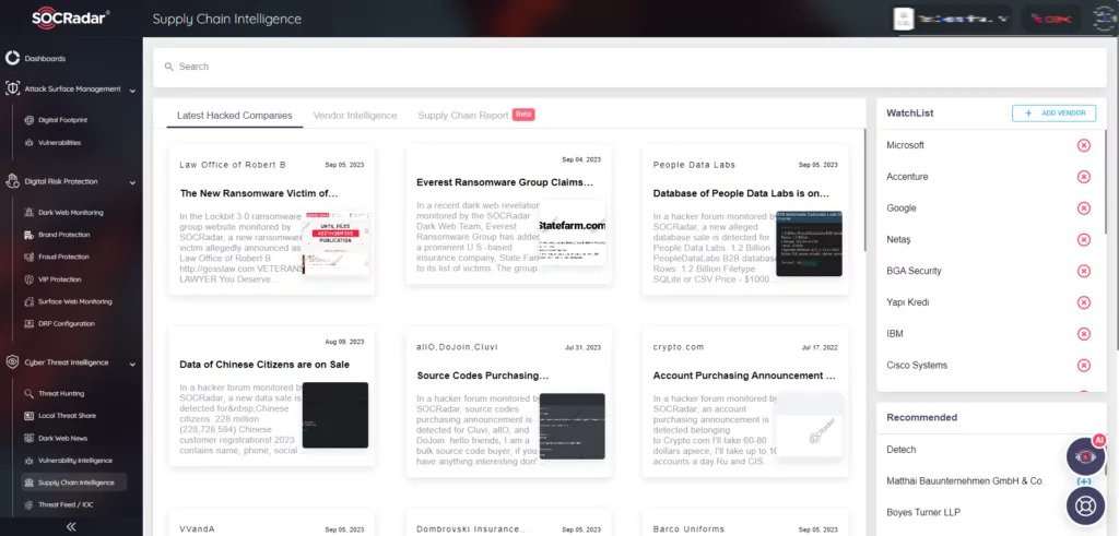 Figure 2. SOCRadar Supply Chain Intelligence, data