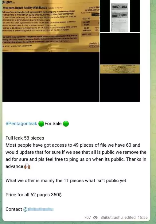 The third sale purpose post on the ‘Classified Document Sale’ Telegram Channel