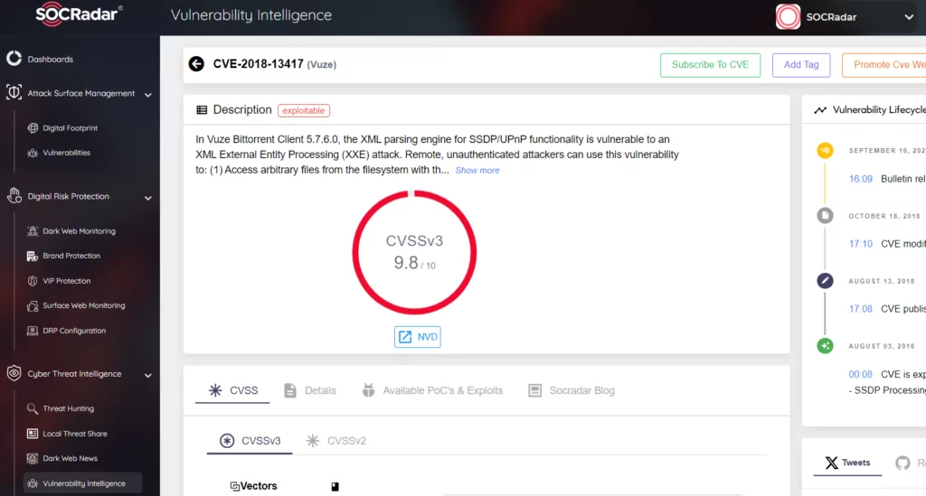 Figure 2. SOCRadar Vulnerability Intelligence, Many Torrent software may have critical vulnerabilities., torrent