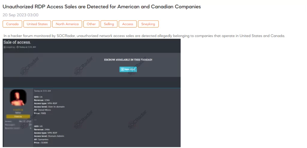 Unauthorized RDP Access Sales are Detected for American and Canadian Companies