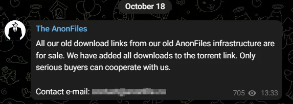 AnonFiles’ announcement about the sale of old links 