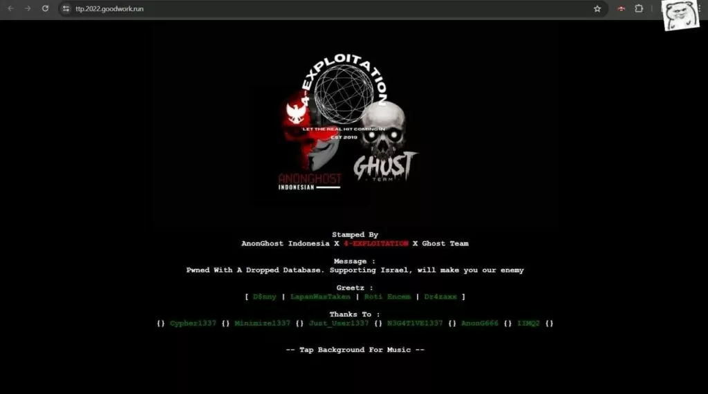 Screenshot of the defaced website by Pro-Palestine hacktivists