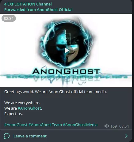 Fig. 5. AnonGhost’s Telegram post contains the group’s video