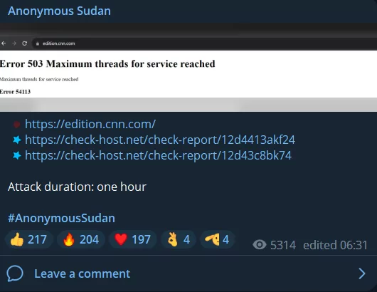 Anonymous Sudan’s first post about the recent attacks on media