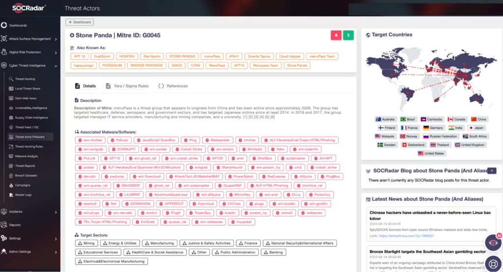 SOCRadarThreat Actors/Malware Module (APT10/Stone Panda Details)