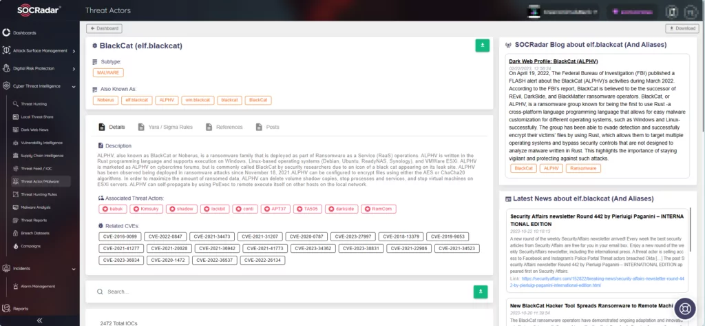 SOCRadar Threat Actors/Malware page - BlackCat (ALPHV) Ransomware