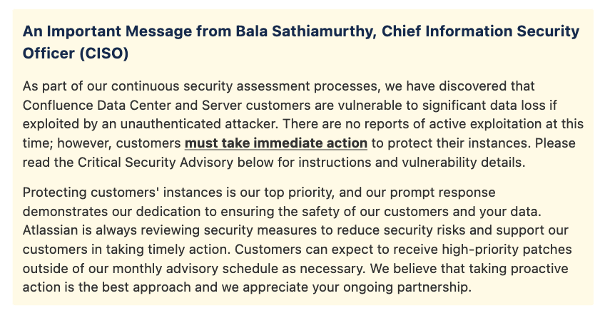 Message of CISO, Bala Sathiamurthy of Atlassian
