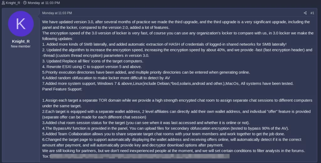 Fig. 11. Knight Ransomware’s announcement on Ransomed forum about their malware’s new version