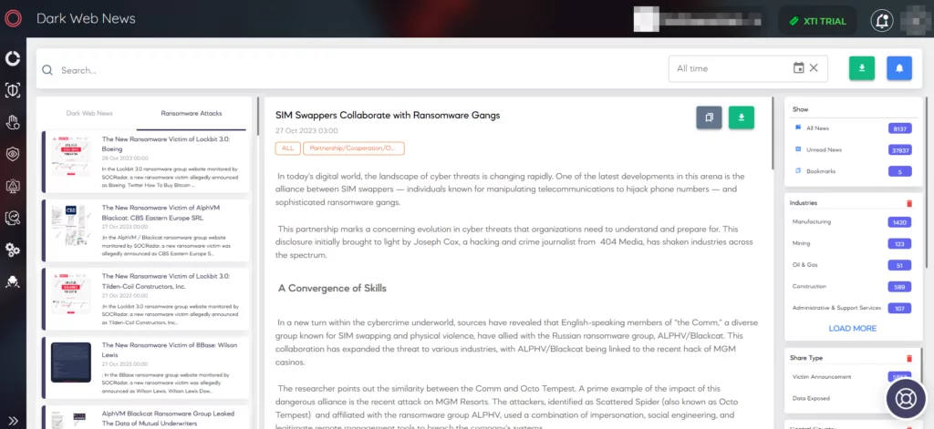 Fig. 14. SOCRadar’s Ransomware News heading under the Dark Web Page of CTI Module (Source: SOCRadar)