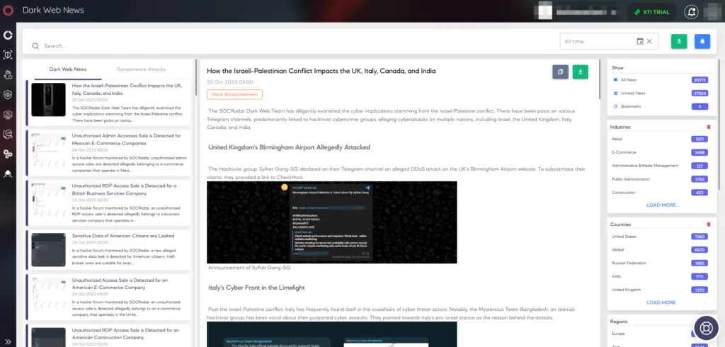 Fig. 13. SOCRadar XTI’s Dark Web News page under the CTI Panel (Source: SOCRadar)