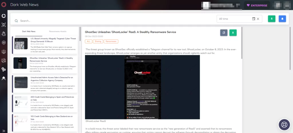 Fig. 16. SOCRadar XTI’s Dark Web News page under the CTI Panel (Source: SOCRadar)