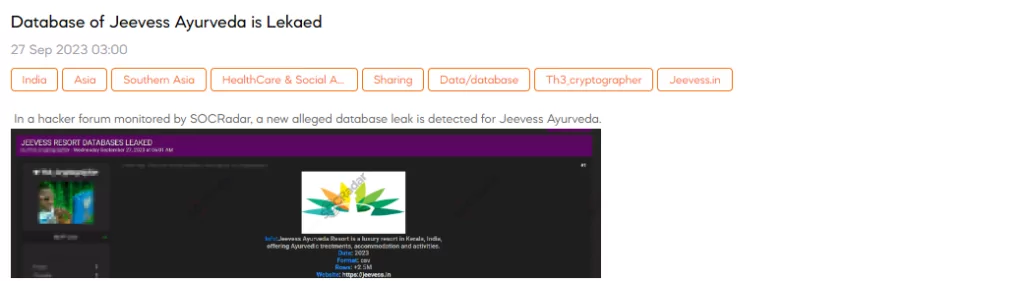 Database of Jeevess Ayurveda is Leaked
