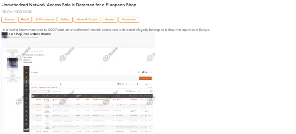 Unauthorized Network Access Sale is Detected for a European Shop