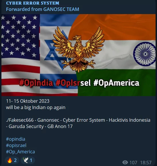 Ganosec Team threatens India in their Telegram channel