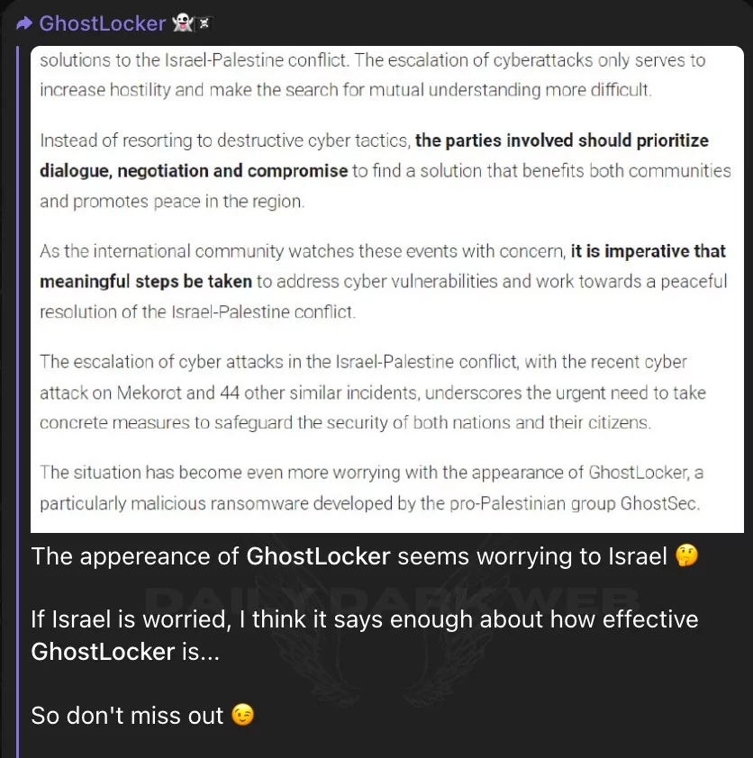 GhostLocker developed by Pro-Palestinian GhostSec, mentioned Telegram post