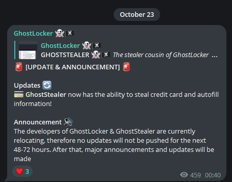 Fig. 9. GhostLocker’s Telegram post about Ghoststealer’s new ability