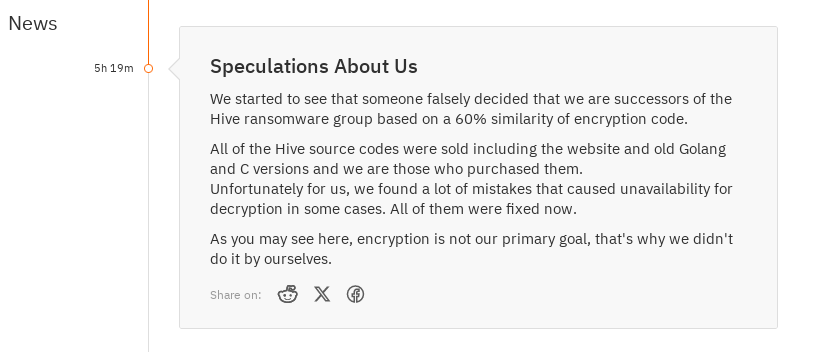 Fig. 7. Hunters International’s response to the alleged similarity to Hive Ransomware