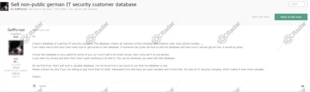 IT Security company database sale in a hacker forum