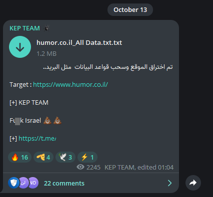 Fig. 6. KEP TEAM’s Telegram post about leaked data of humor.co.il