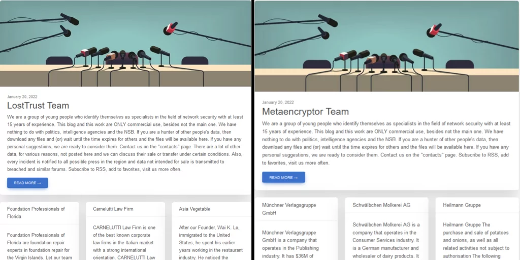 Fig. 13. LostTrust and Metaencryptor’s leak sites (Source: Stefano Favarato)