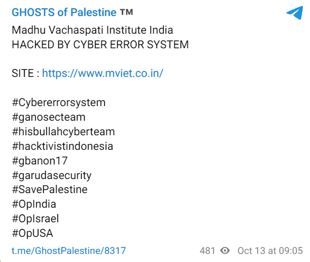Ghost of Palestine’s Telegram post about the attack