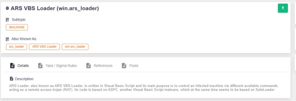 ARS VBS Loader on SOCRadar Threat Actors/Malware