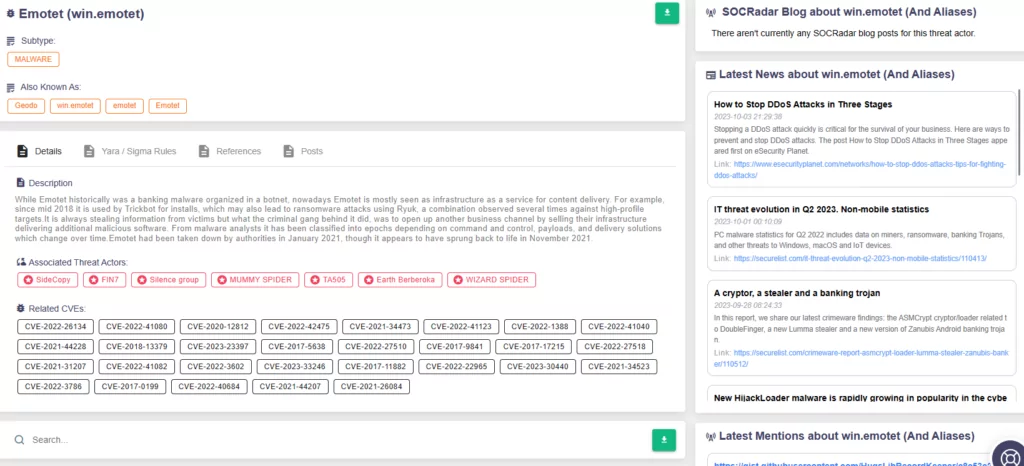 Emotet Malware (Botnet) on SOCRadar Threat Actors/Malware