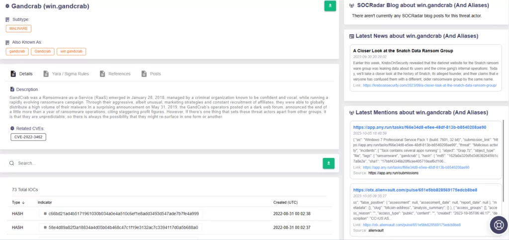 GandCrab Ransomware on SOCRadar Threat Actors/Malware