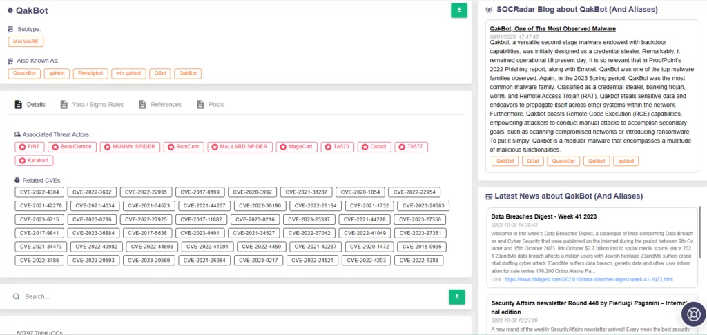 QakBot malware on SOCRadar Threat Actors/Malware