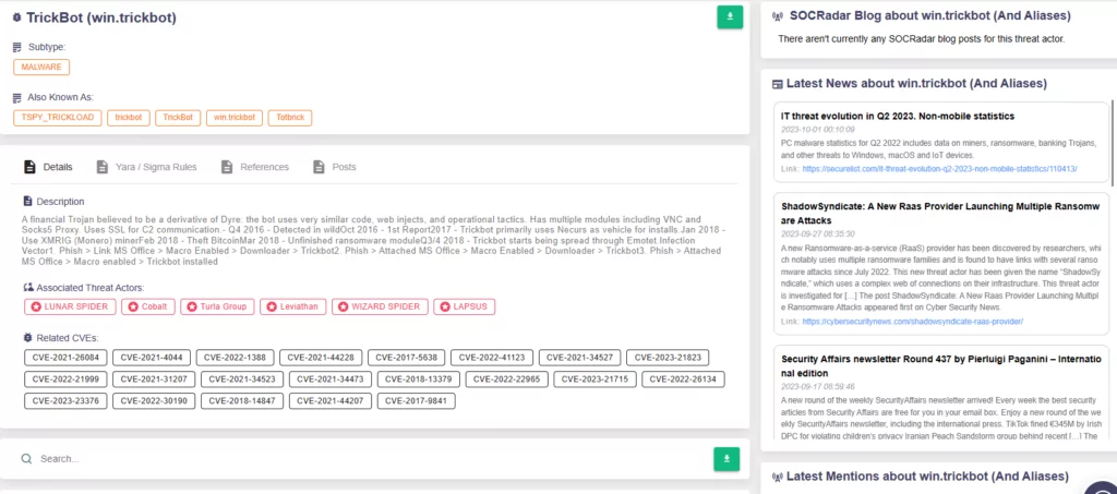 TrickBot on on SOCRadar Threat Actors/Malware