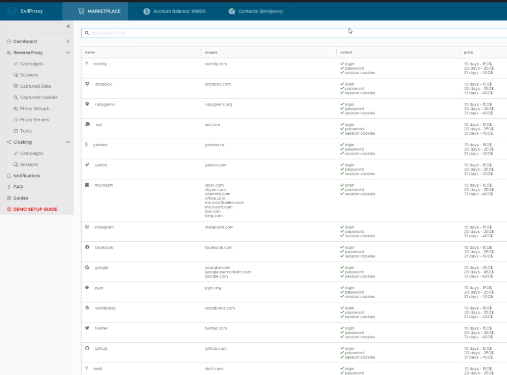 EvilProxy’s marketplace.