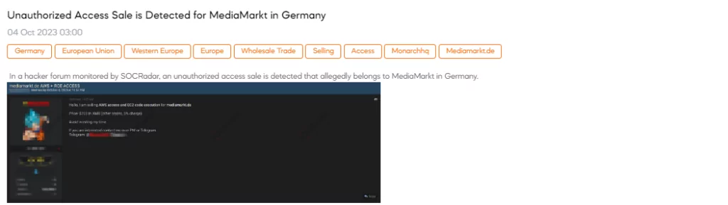 Unauthorized Access Sale is Detected for MediaMarkt in Germany
