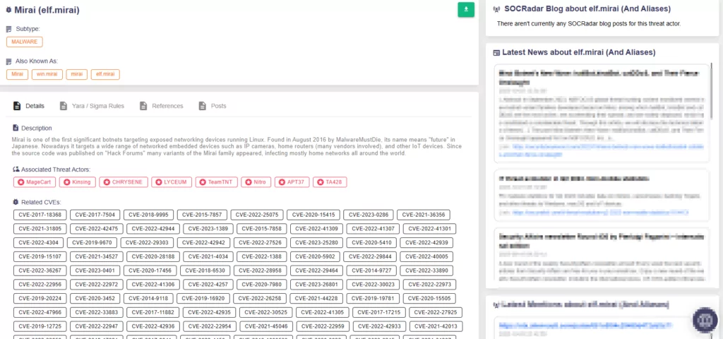 Mirai botnet on SOCRadar Threat Actors/Malware, hailbot kiraibot catddos