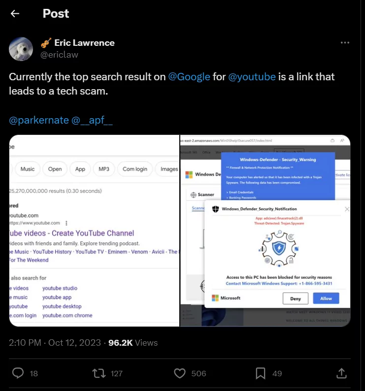 El tweet de Eric Lawrence destaca un resultado de búsqueda engañoso en Google para "YouTube".