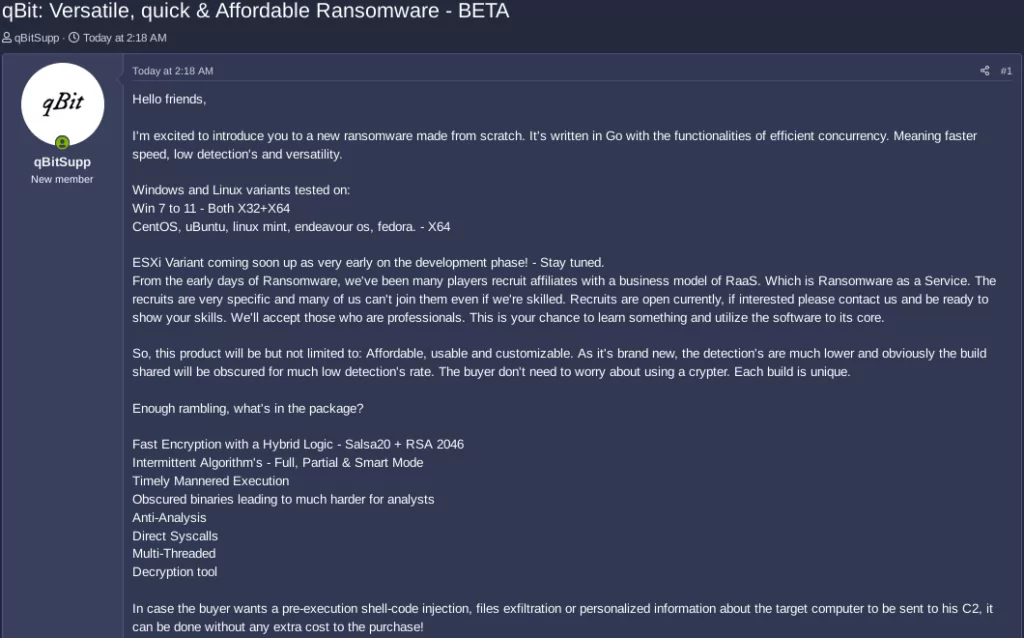 Fig. 3. qBit’s promo post on the Ransomed forum