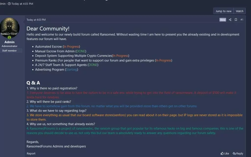 RansomedVC’s announcement on RansomedForum (Source: X)